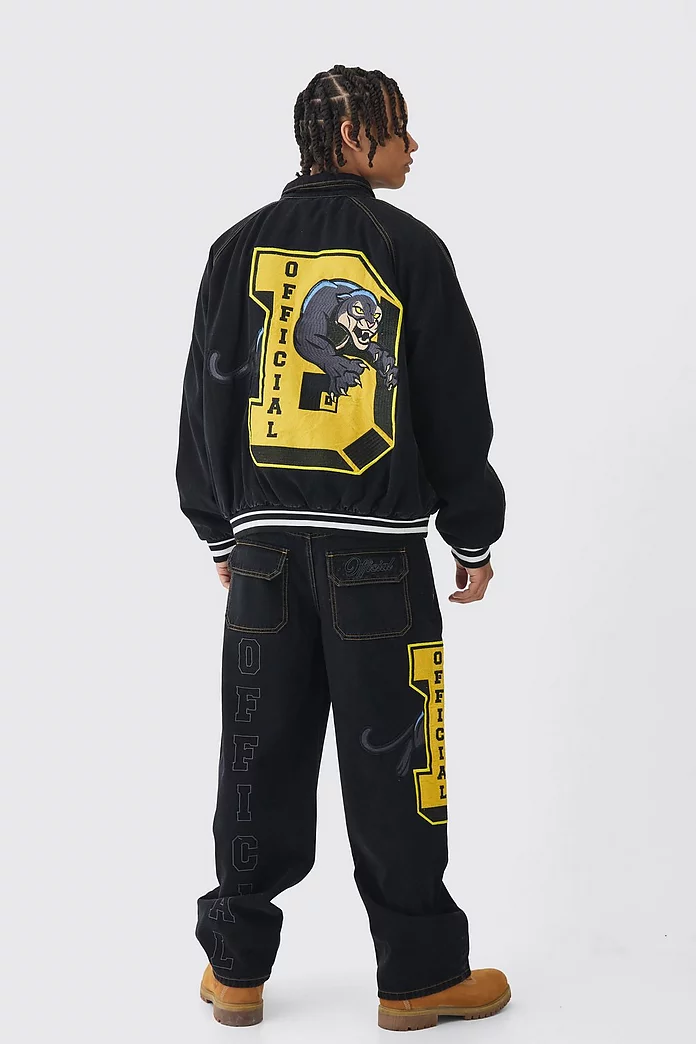 Oversized Denim Varsity Applique Bomber Jacket | boohooMAN USA Oversized Denim Varsity Applique Bomber Jacket | boohooMAN USA